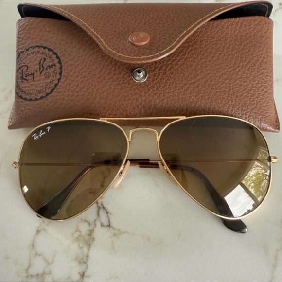 Ray Ban Sunglasses RB3025 001/M2 Polarized Aviator Large Metal 58-14 - Gold Brwn - Picture 7 of 14